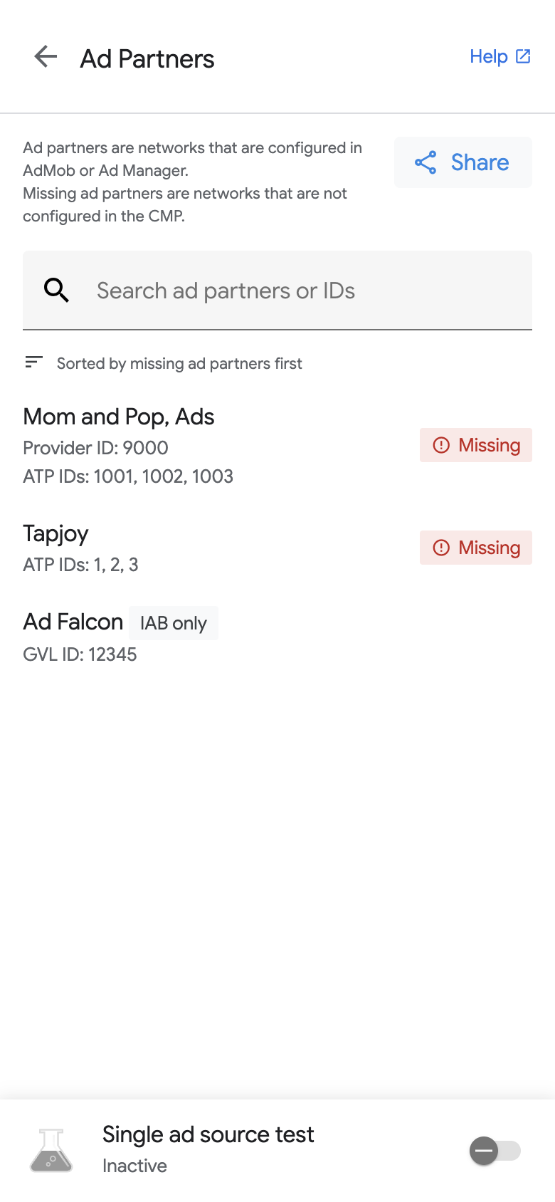 Ad inspector ad partners page with IDs