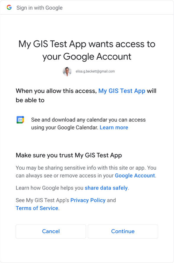 Consent with a single scope User consent dialog with Cancel or Continue buttons and a single scope, no
checkboxes are shown.