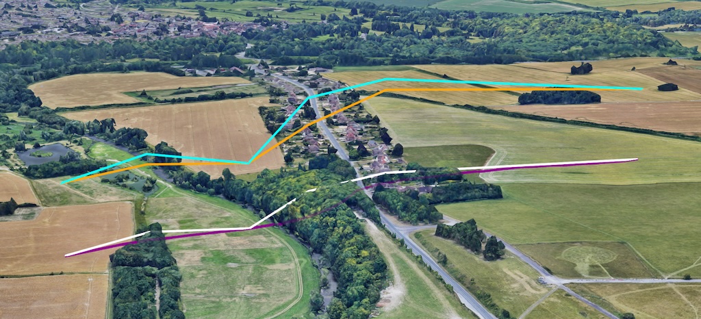 A 3D map displaying multiple colored lines (purple, white, orange, blue) over a terrain with trees and varying elevations.