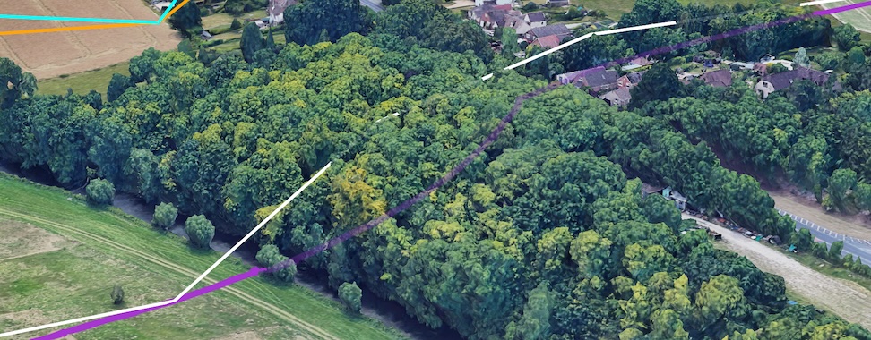 A 3D map showing lines passing through trees, with occluded segments made visible to illustrate the occlusion of segments: true.