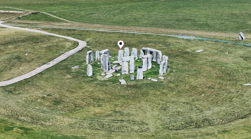 A 3D map scene with a white pin marker, illustrating the default placement of a marker.