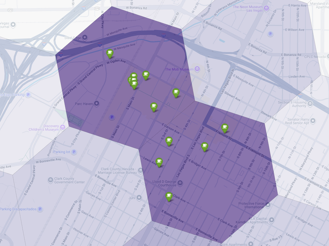 A close-up map of two high-potential purple areas in Las Vegas, showing
competitor locations and clear market gaps.