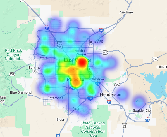 A heatmap of Las Vegas indicating the highest concentration of target brands
in red and yellow.