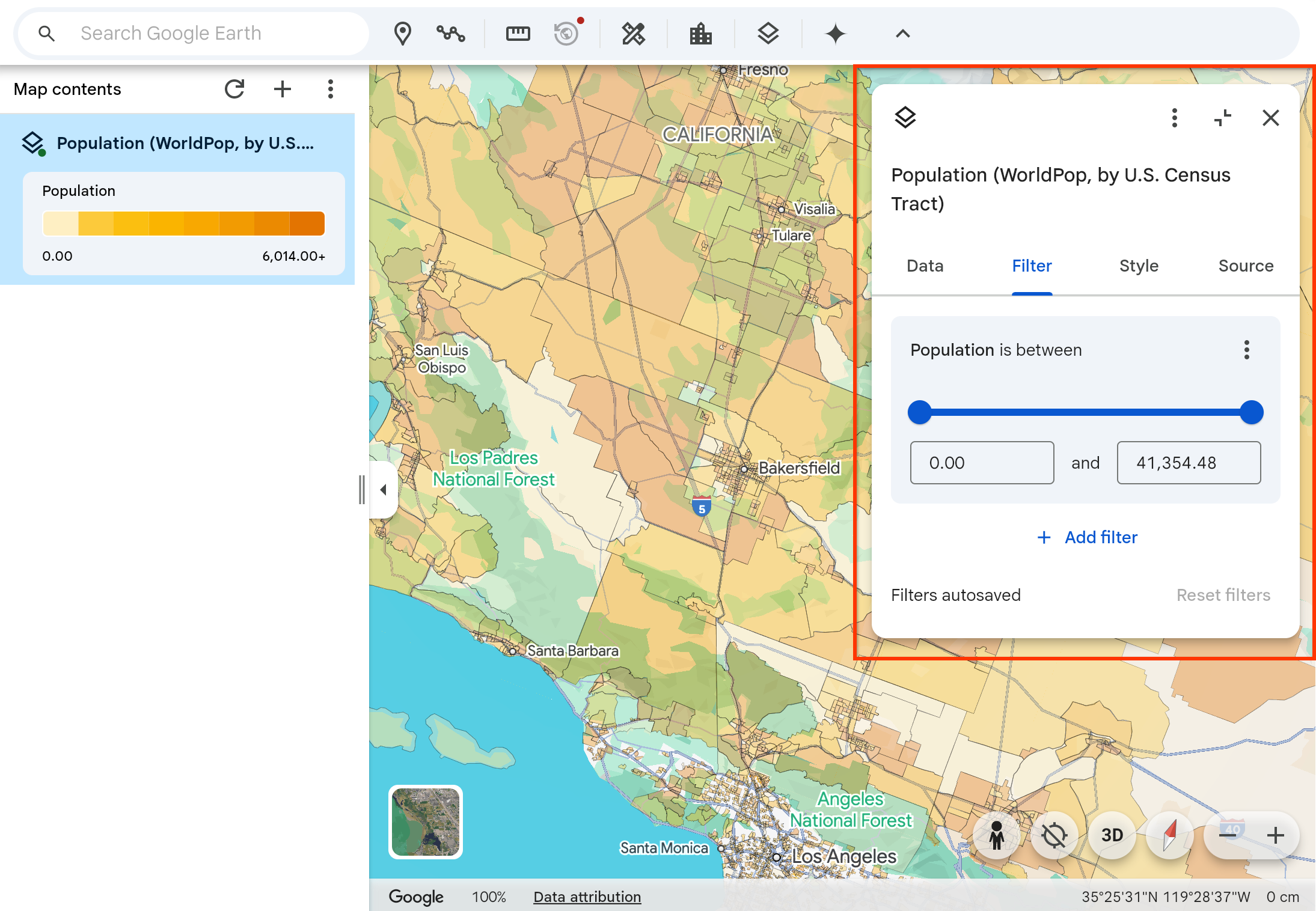 Inspector panel with filter tab open
