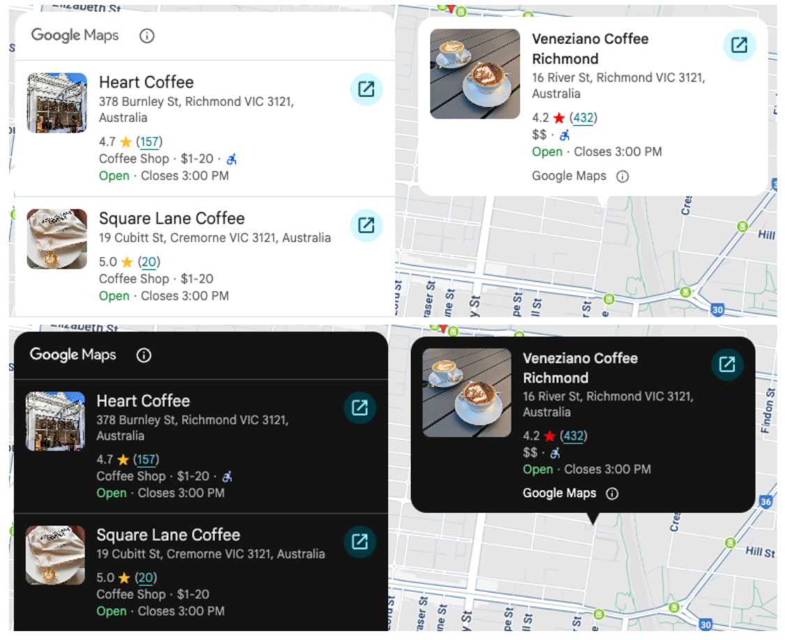 Places UI Kit elements in light and dark modes