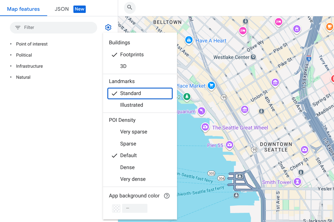 A map of downtown Seattle showing standard Google POI icons: a tiny white icon on a teardrop-shaped teal icon glyph over landmarks like the Art Museum and Smith Tower.