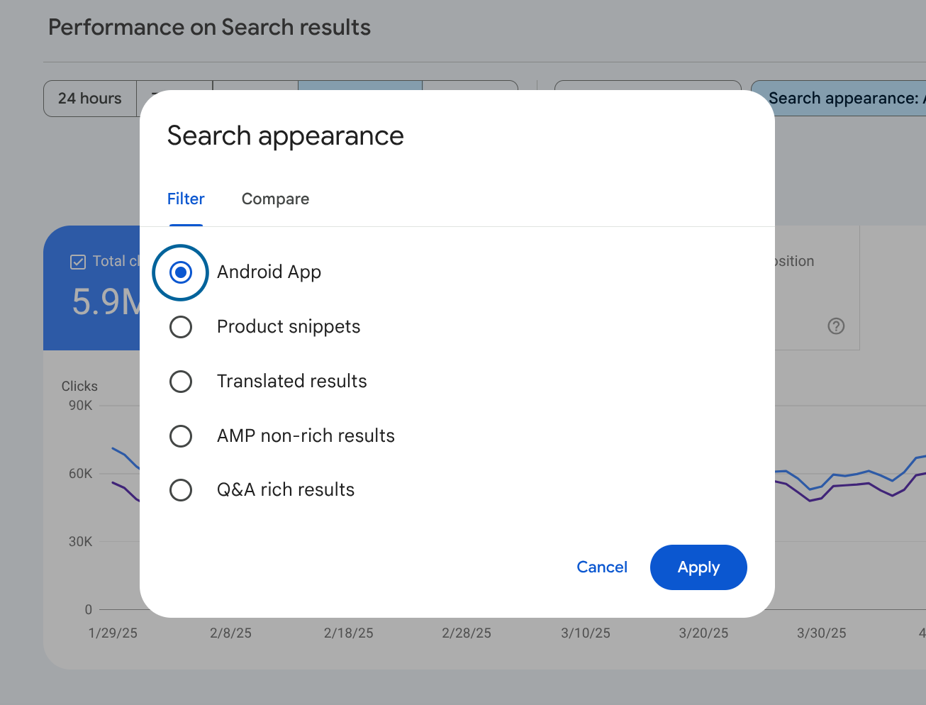 Search Console's performance report showing the Android App search appearance filter