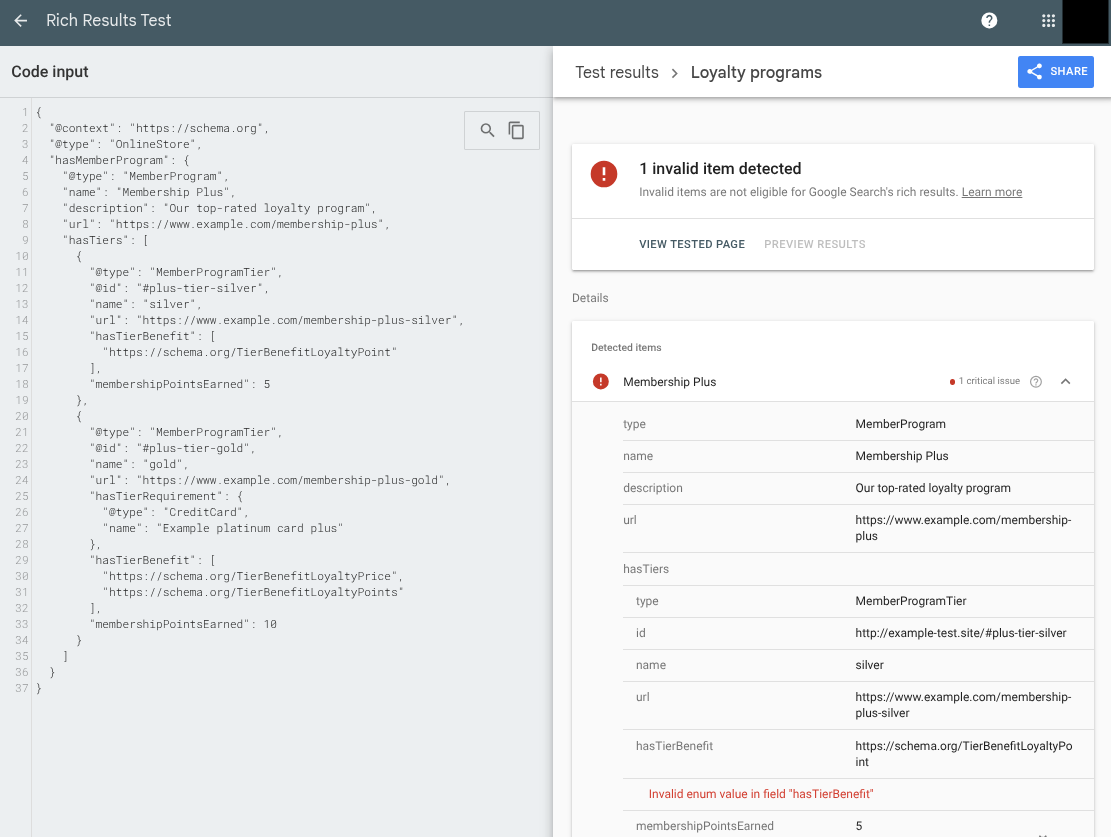Loyalty program markup in the Rich Results Test