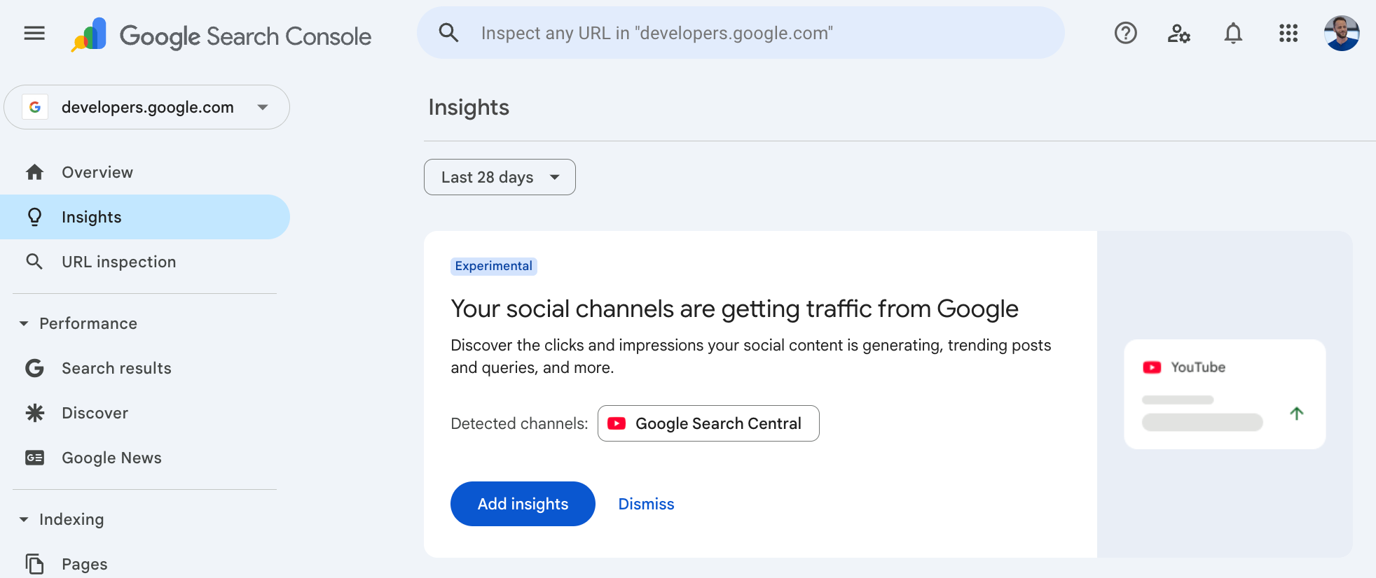 Search Console Insights report prompt to add your YouTube channel insights.