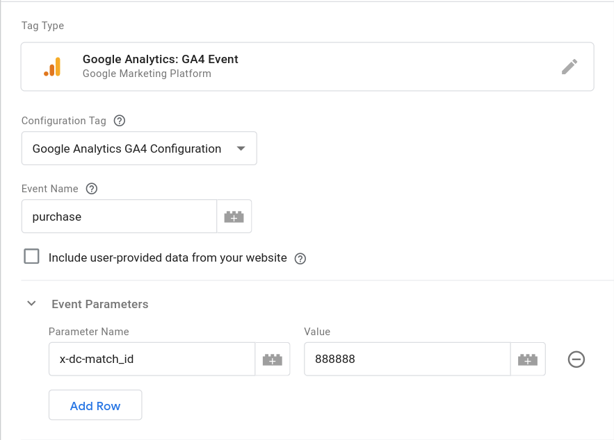 Floodlight Event Parameter in GA4 Event tag Configuration of the dc- parameters in GA4 web tag.
