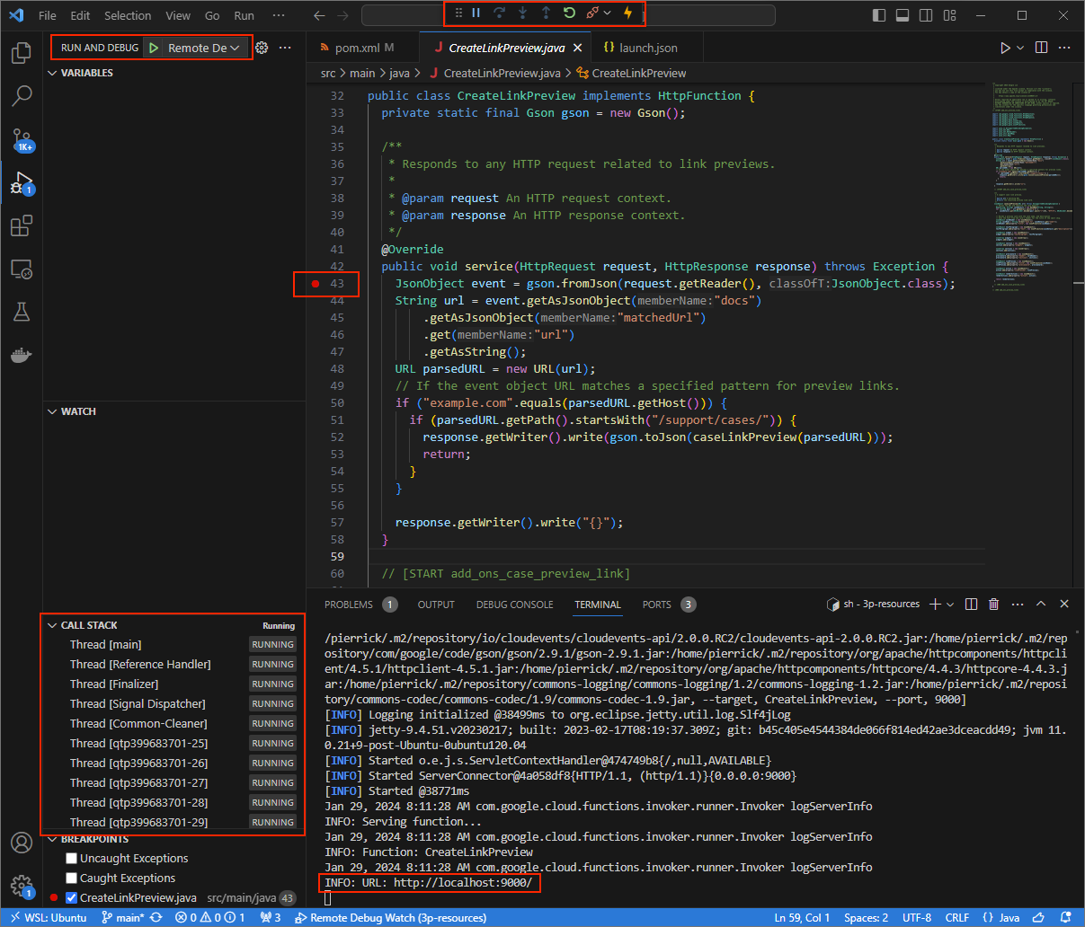 The application is running and listening for HTTP requests on port 9000.