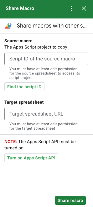 Screenshot of the Share Macro Google Workspace add-on